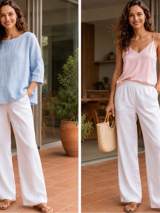 J Mclaughlin Pants - Women's White Wide-Leg Linen Pants - Easy Elastic Waist